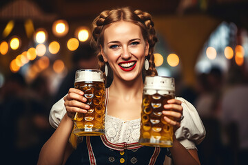 Oktoberfest Tradition. Waitress wearing traditional clothes and holding beers at the festival. German culture and celebration concept. AI Generative