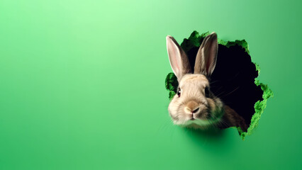 Cute rabbit peeking out of a hole from green wall. easter bunny banner, fluffy eared bunny, bunny jump out torn hole, Happy Easter celebration, spring, seasonal, festival, event. Generative AI