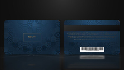 Vector template of membership or loyalty blue gold VIP card with luxury geometric ethno mexican pattern. Card design presentation. Premium member, gift plastic card, folk background - obrazy, fototapety, plakaty