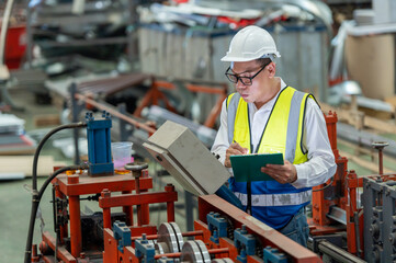 Asian male engineer in uniform inspection warehouse and check control heavy machine construction installation in industrial factory. technician worker check for repair maintenance operation system