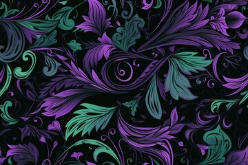bold floral pattern in shades of purple and green on a black background. Generative AI
