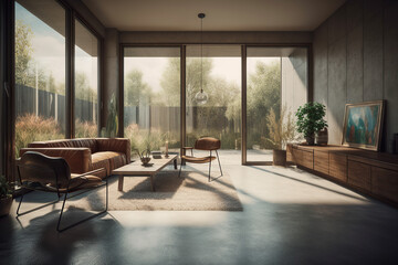 Fototapeta premium Contemporary Panorama. Photorealistic Interior Perspective of a Modern House with Glass Walls and Panoramic Nature View. Sleek Design AI Generative. 