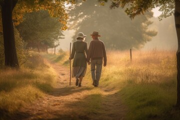 A couple taking a peaceful walk in nature. Generative AI
