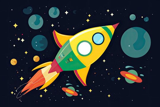 A cartoon-style spaceship flying through space with colorful stars in the background. Generative AI