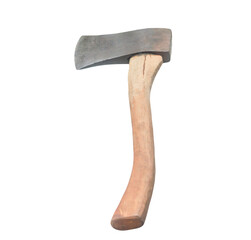 Old rust dirty dark gray Thai or Asian axe with brown wooden handle isolated on white background with clipping path in png format