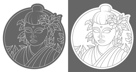 Outline drawing. Buddha on a dark and light background. Meditation. Enlightenment. Sticker.