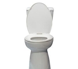 Open moden white toilet bowl after guest's use in resort or hotel restroom isolated on white...