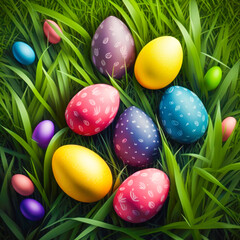 Fototapeta na wymiar Multicolored Easter eggs lying on the green grass. Generative AI.