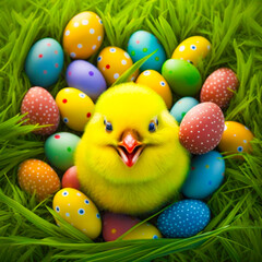 Fototapeta na wymiar Colorful Easter egg nest with a cute little chick nestled amongst them. Generative AI.