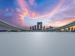 City square and Suzhou skyline at sunset, China. 3d square effect.