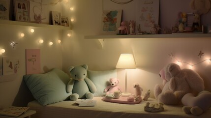 wide angle of pastel colour interior of kid room full with toys pillow decorating items in night time, image ai generate