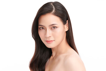Fototapeta premium Beautiful young asian woman with clean fresh skin on white background, Face care, Facial treatment, Cosmetology, beauty and spa, Asian women portrait.