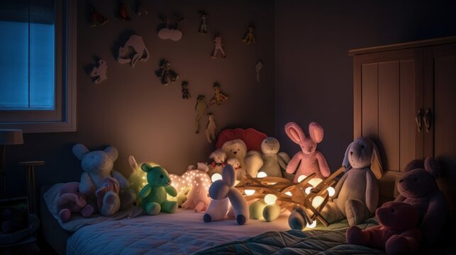 wide angle of pastel colour interior of kid room full with toys pillow decorating items in night time, image ai generate