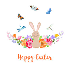 Happy Easter vector illustrations. Trendy Easter design with typography, bunny, flowers, butterflies and dragonflies in soft colors.
