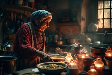 Rustic moroccan kitchen |  Moroccan Woman cooking : A Culinary Journey Through Morocco Authentic Flavors, Culture and Tradition - AI Generative	 - obrazy, fototapety, plakaty