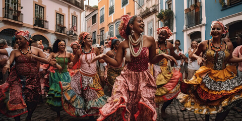 Vibrant Colors and Traditional Music: A Journey Through Brazilian Dance in S. Salvador - AI Generative - obrazy, fototapety, plakaty