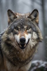 Fototapeta premium Wild Encounter: Iberian Wolf Roaming Through Snowy Forest - AI Generative