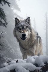 Wild Encounter: Iberian Wolf Roaming Through Snowy Forest - AI Generative