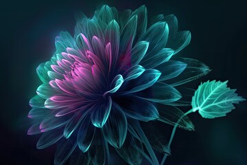 vibrant flower and leaves set against a black background. Generative AI