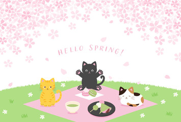 spring vector background with cats having a Cherry blossom viewing party on a green field for banners, cards, flyers, social media wallpapers, etc.