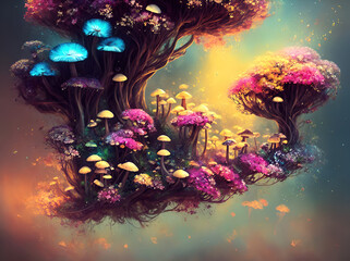 Fototapeta na wymiar Mushrooms and flowers, midnight aura, night sky, dreamy, glowing, ultra-detailed artistic illustration, Generative AI