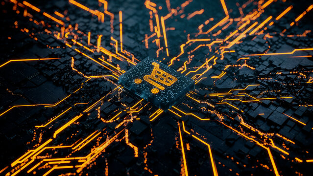 Ecommerce Technology Concept with shopping symbol on a Microchip. Data flows from the CPU across a Futuristic Motherboard. 3D render.