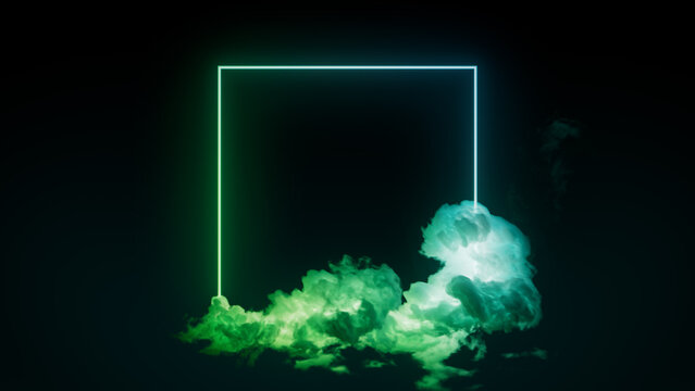 Green and Turquoise Neon Light with Cloud Formation. Square shaped Fluorescent Frame in Dark Environment.