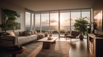 Fototapeta premium Modern living room interior, windows overlooking the Sea at sunset. Showcase the elegant design, comfortable seating, and stylish decor. Generative AI Technology 