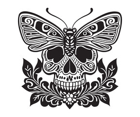 Obraz na płótnie Canvas Combination of skull and butterfly or moth and flowers. Illustration for a tattoo, t-shirt design or t shirt, etc.