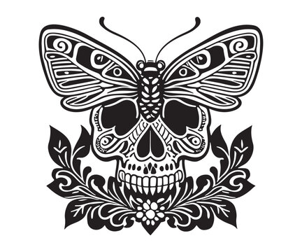 Combination of skull and butterfly or moth and flowers. Illustration for a tattoo, t-shirt design or t shirt, etc.