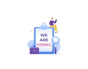 we are hiring. new employee recruitment and candidate search. human resource development or HRD. an HRD staff has opened a job vacancy and is looking for new workers. illustration concept design