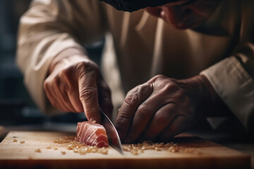 Sushi Chef Expertly Slice and Dice Fresh Fish for the Perfect Roll with AI Generative
