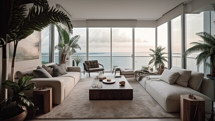 Fototapeta na wymiar Modern living room interior, windows overlooking the Sea at sunset. Showcase the elegant design, comfortable seating, and stylish decor. Generative AI Technology 