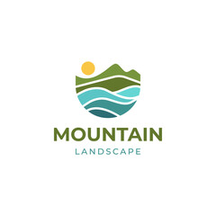 Mountain landscape, peak river creek logo design vector illustration template