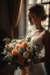 The bride stands with her bouquet held in one hand, looking down with a mix of thoughtfulness, anxiety, and happiness on her face | A Mix of Emotions on Her Wedding Day AI GENERATIVE
