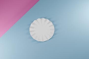 Empty ribbed porcelain plate on two tone pink and blue studio background. Top down view.
