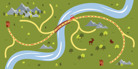 Vector illustration of a camping map in cartoon style. The road by car between the houses through the forest with wild animals, fields, mountains and rivers. Natural landscape with flora and fauna.