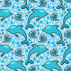Marine pattern with a dolphin, vacation, vector seamless pattern in the style of doodles, hand draw