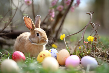 Fototapeta na wymiar Easter bunny with easter eggs, generative ai