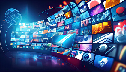 Digital contents concept. Social networking service. Streaming video. NFT. Non-fungible token. Wide angle visual for banners or advertisements.