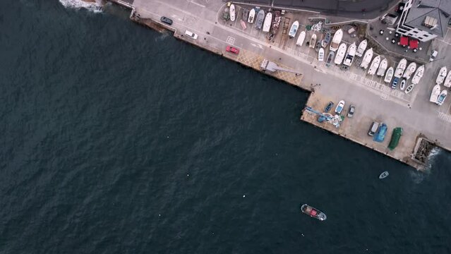 Recreational Boats At The Yard In Caion Beach Harbour In Coruna, Spain. Aerial Topdown