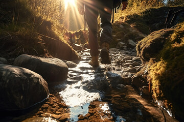 Nature Escape. Peaceful hiker in green forest with river and sun in the background. Travel concept AI Generative