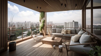 Fototapeta na wymiar interior design concept condominium penthouse living area with wooden balcony and stunning view of city garden beautiful sky, image ai generate