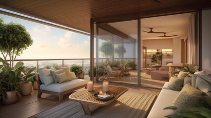 Fototapeta na wymiar interior design concept condominium penthouse living area with wooden balcony and stunning view of city garden beautiful sky, image ai generate