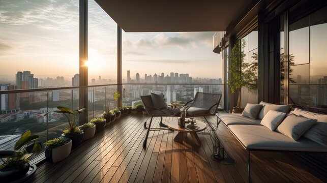 interior design concept condominium penthouse living area with wooden balcony and stunning view of city garden beautiful sky, image ai generate