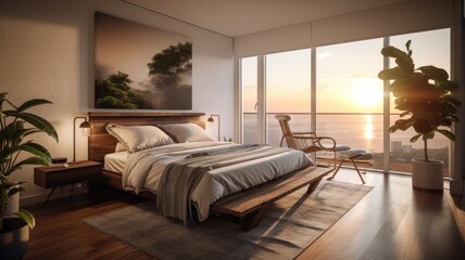 Obraz premium Modern bedroom interior, windows overlooking the infinity Sea. Generative AI Technology 