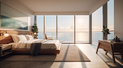 Modern bedroom interior, windows overlooking the infinity Sea. Generative AI Technology 
