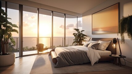 Modern bedroom interior, windows overlooking the infinity Sea. Generative AI Technology 