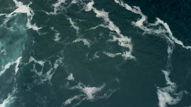 Aerial Drone View Of Seascape With Foamy Rough Waves In Caion, Coruna Spain. 
