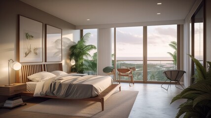 Modern bedroom interior, windows overlooking the infinity Sea. Generative AI Technology 